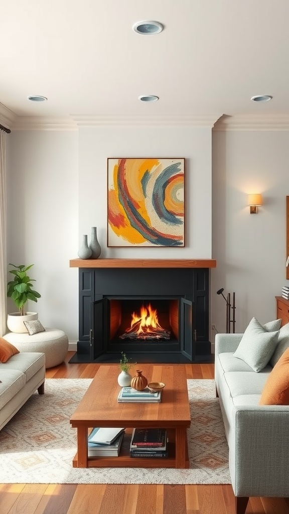 Cozy living room with a fireplace, artwork, and comfortable seating.