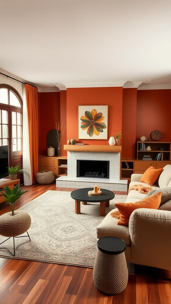 Cozy living room with earthy color palette and warm decor