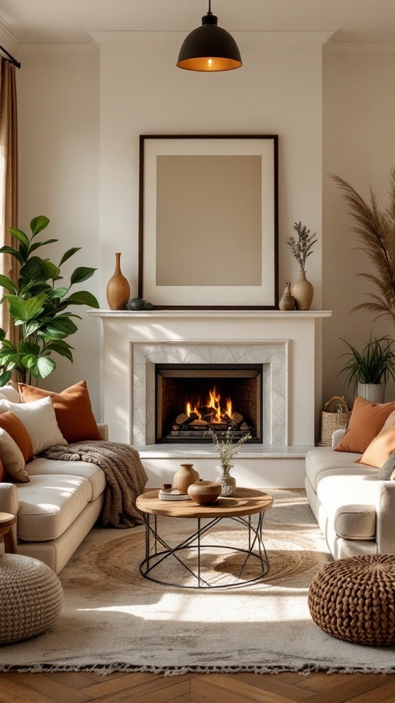 Warm and cozy living room featuring earthy tones and a fireplace.