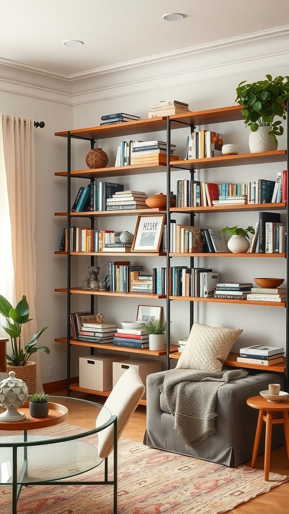 Cozy living room with functional shelving, books, and plants.