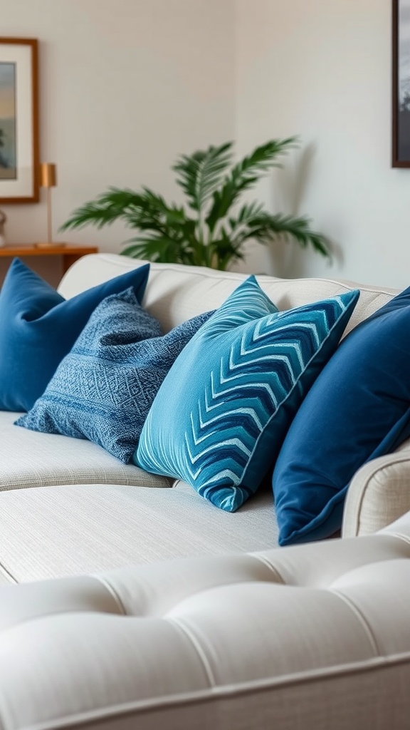 A cozy living room with beige sofa adorned with various blue throw pillows.