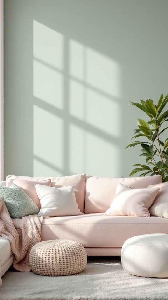 A cozy living room featuring muted pastel colors with a pink sofa, soft pillows, and a green wall, complemented by a plant.