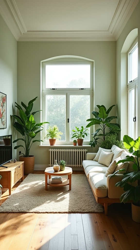 Cozy living room with soft green walls and various plants.