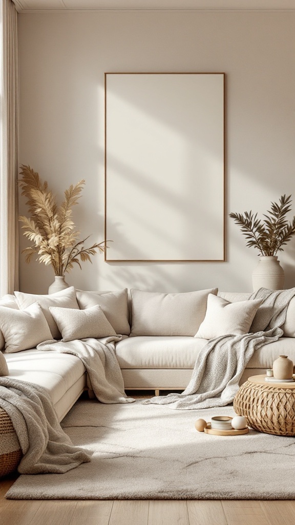 A cozy living room featuring soft neutral colors, plush cushions, and natural decor.