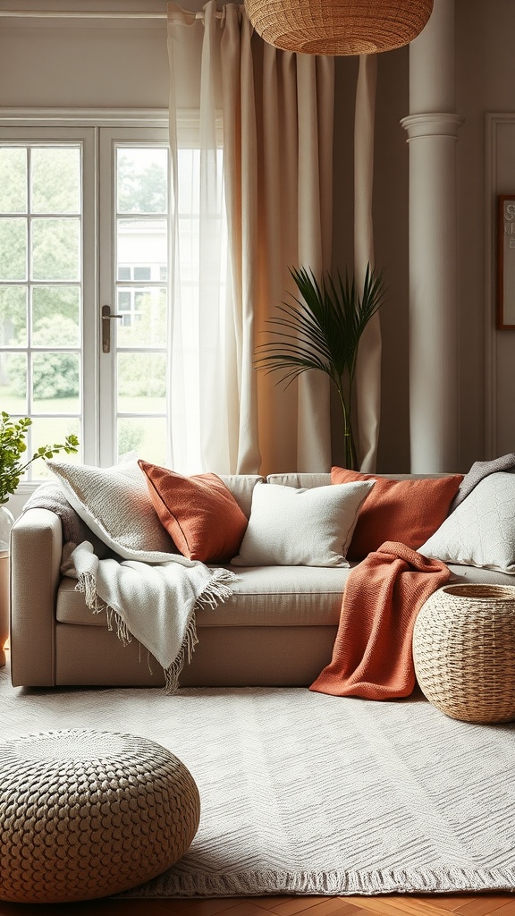 A cozy living room with a beige sofa, layered pillows, and a knitted pouf.