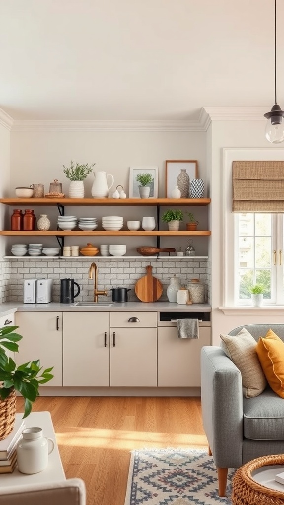 Stylish open shelving in a cozy kitchen and living room combo