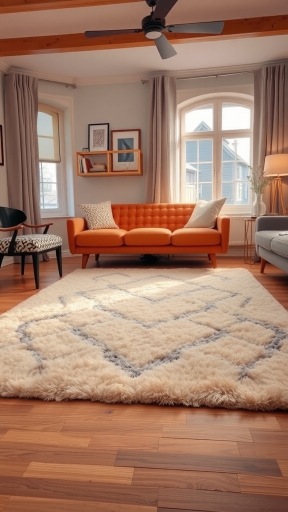 A cozy living room with a warm, textured rug, orange couch, and natural light.