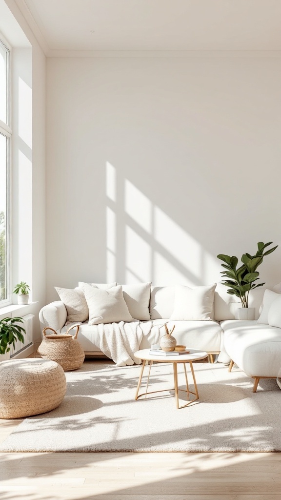 Cozy living room featuring warm whites, soft textures, and natural elements