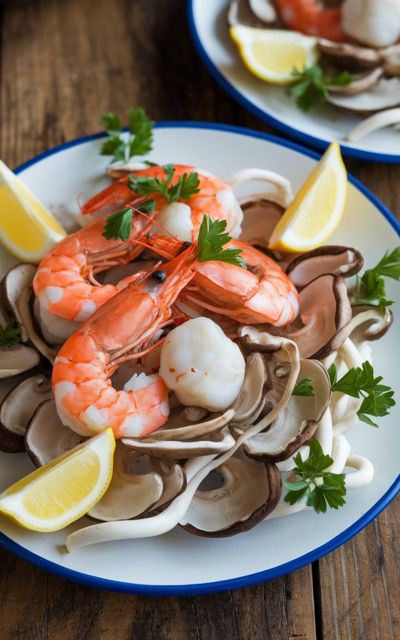 A savory seafood mushroom dish with shrimp and scallops, garnished with parsley and lemon on a rustic table.