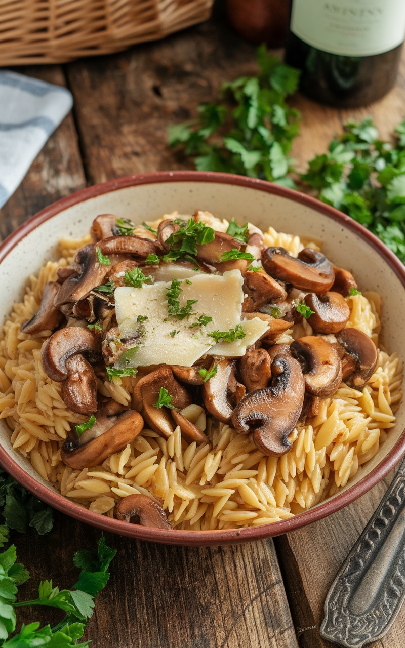 A delicious bowl of orzo with mushrooms and parsley on a rustic table.