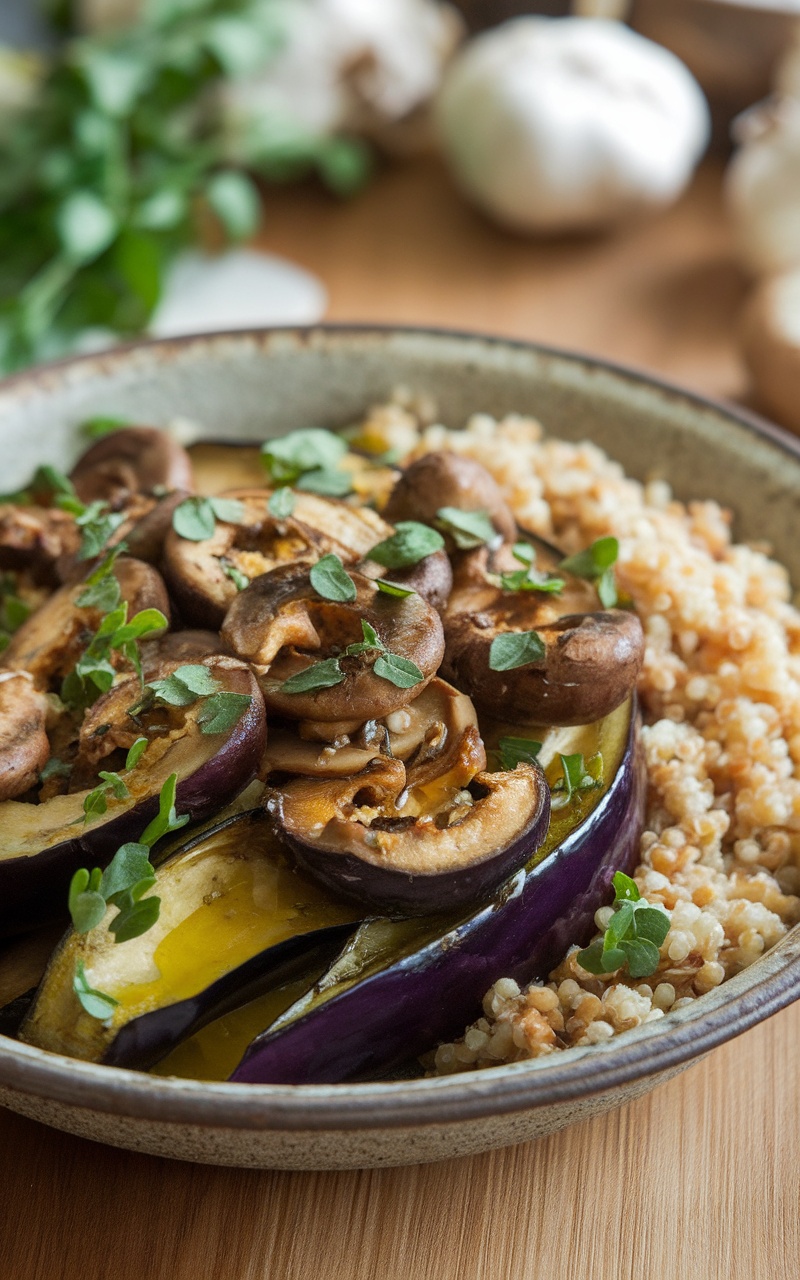 A dish of sautéed aubergine and mushrooms with herbs, served with quinoa on a wooden table.