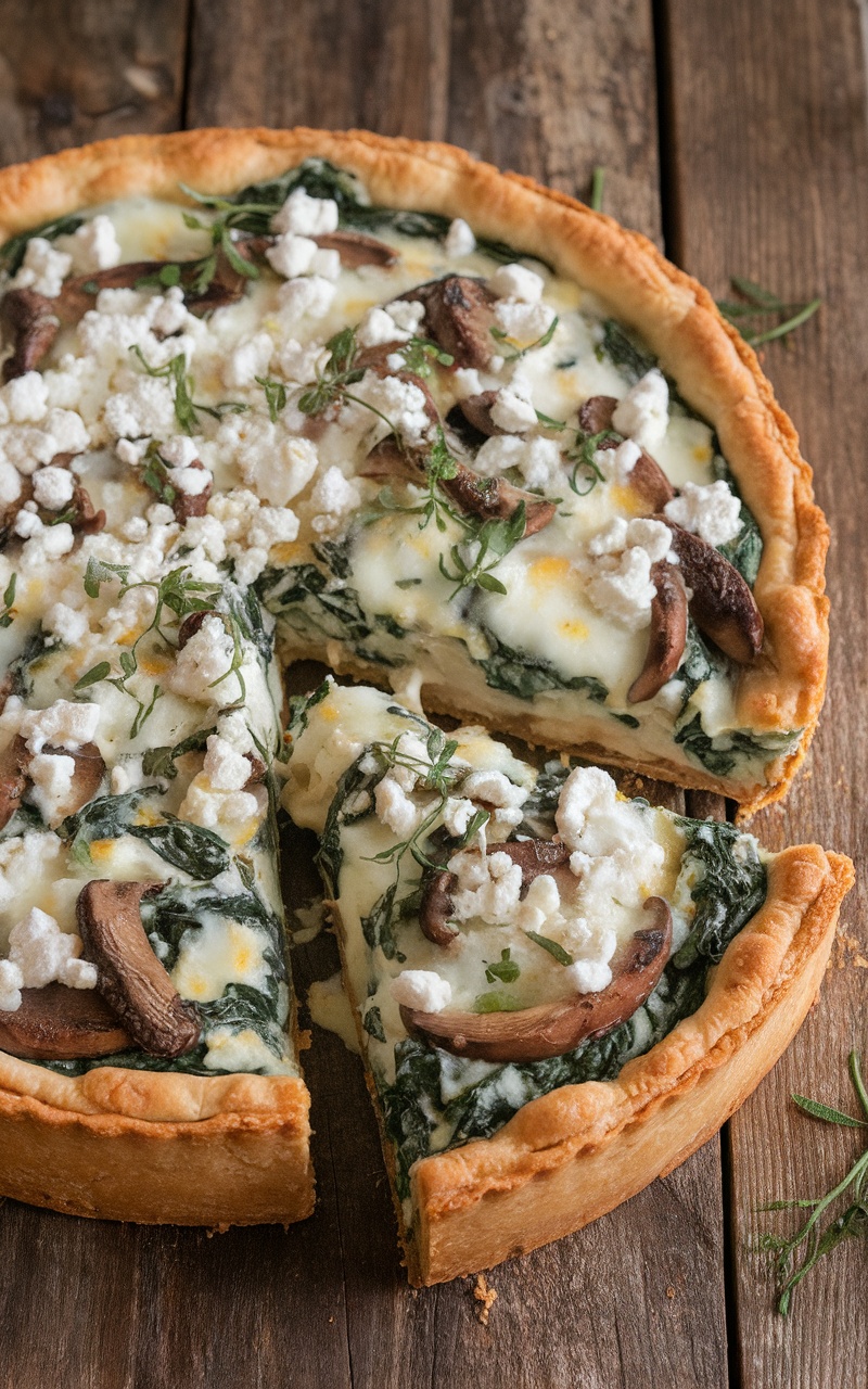 Savory chicken and spinach tart with mushrooms, feta, and mozzarella, served on a wooden table.
