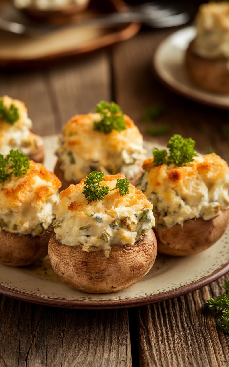 Creamy stuffed mushrooms plated with a garnish of parsley on a rustic table.