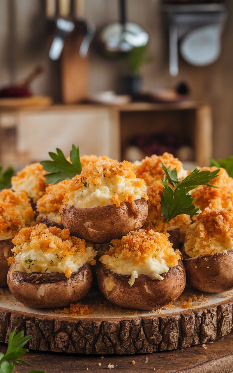 Golden stuffed mushrooms filled with creamy cheese and topped with breadcrumbs on a rustic wooden platter.