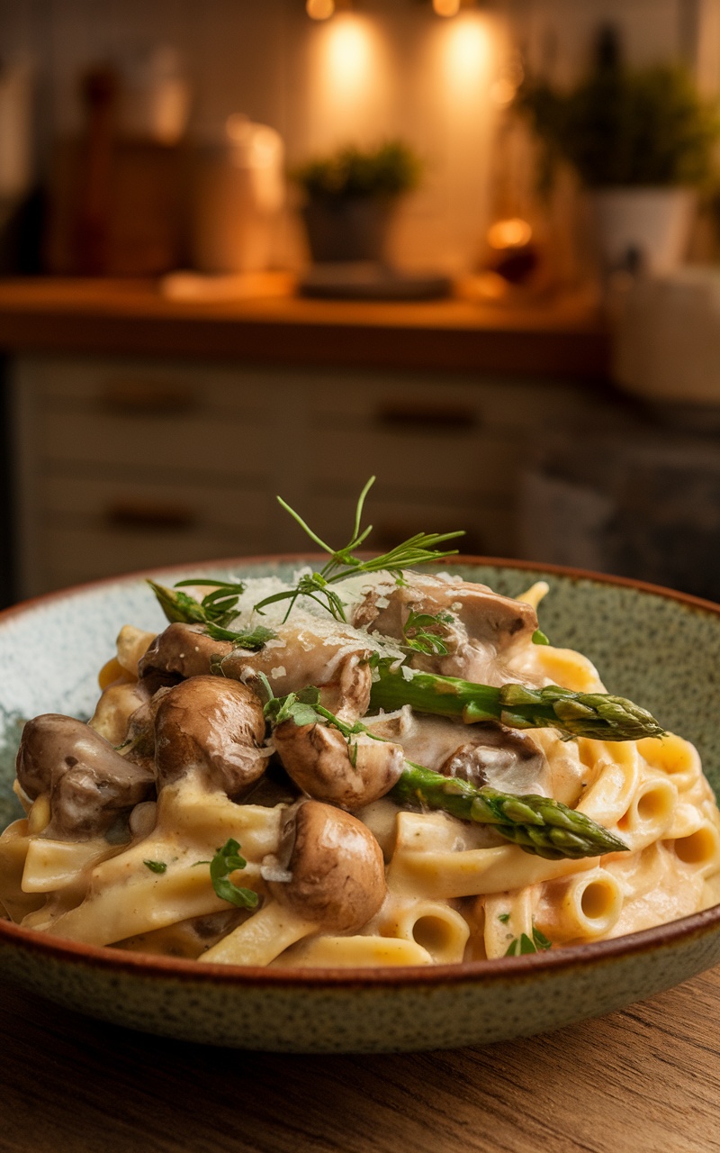 Creamy pasta with mushrooms and asparagus, garnished with herbs and cheese in a rustic bowl.