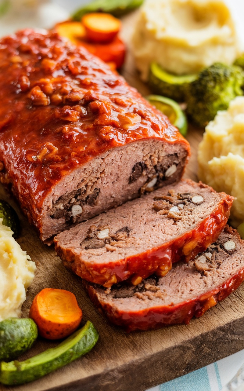 Sliced mushroom meatloaf on a wooden board with sides of roasted vegetables and mashed potatoes.