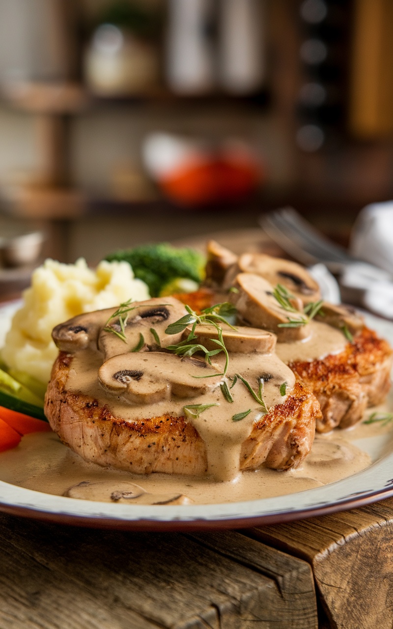 Juicy pork chops with creamy mushroom sauce garnished with herbs, served with mashed potatoes and vegetables.