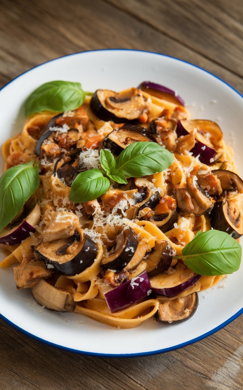 Roasted eggplant and mushroom pasta garnished with basil and cheese on a wooden table.