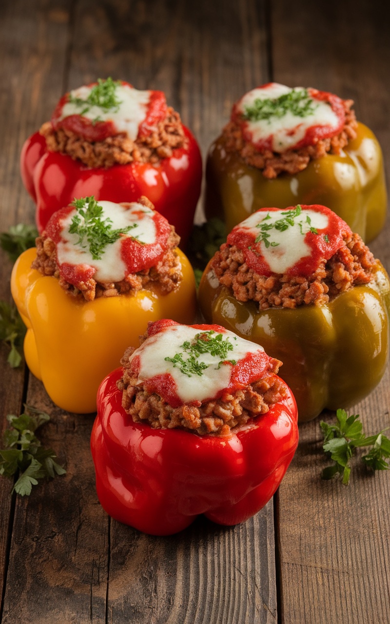 Colorful stuffed peppers filled with ground turkey and mushrooms, topped with melted cheese, served with marinara sauce.