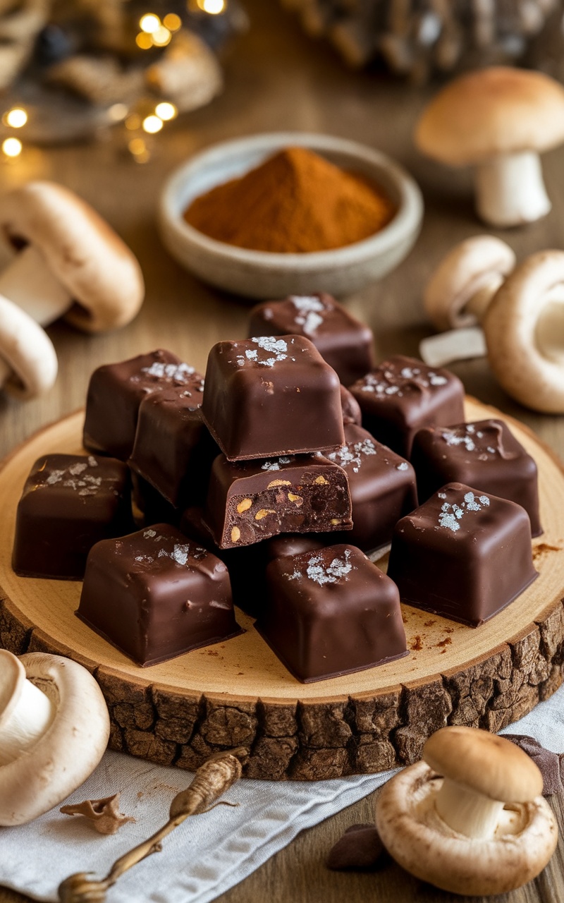 Homemade mushroom chocolate pieces with sea salt on a wooden platter, surrounded by mushrooms and chocolate ingredients.
