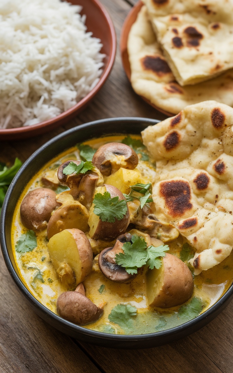 Mushroom and potato curry served with basmati rice and naan, garnished with cilantro on a rustic table.