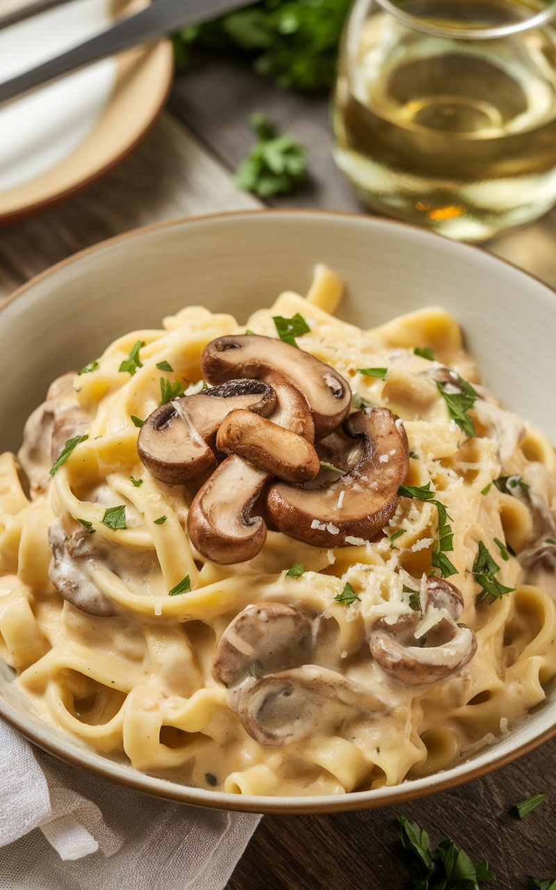 Creamy mushroom alfredo pasta in a bowl with mushrooms and parsley on a wooden table.