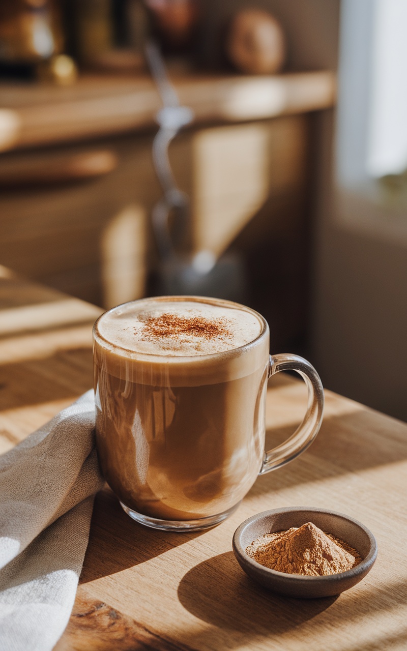 A comforting mug of mushroom coffee with cinnamon and lion