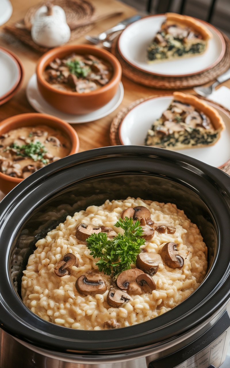 Slow cooker filled with mushroom risotto, with bowls of mushroom stroganoff and quiche on a rustic table.