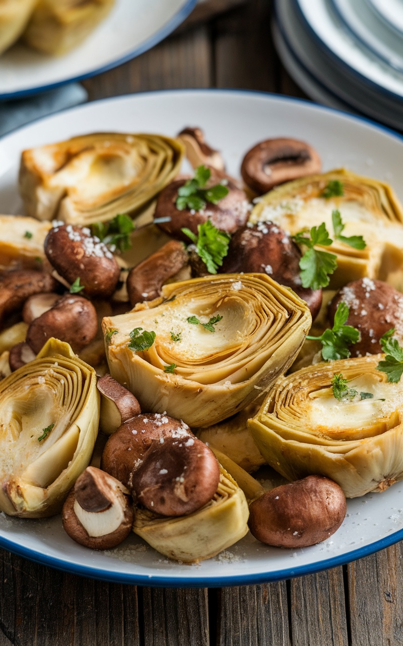Sautéed artichoke hearts and mushrooms garnished with parsley and Parmesan cheese on a rustic table.