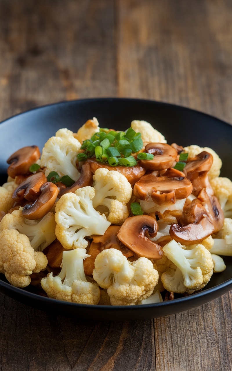 Colorful cauliflower and mushroom stir-fry in a black bowl, garnished with green onions.