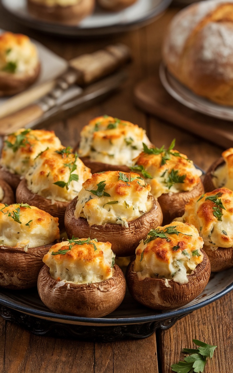 A delicious platter of baked stuffed mushrooms filled with cheese and herbs, garnished with parsley.