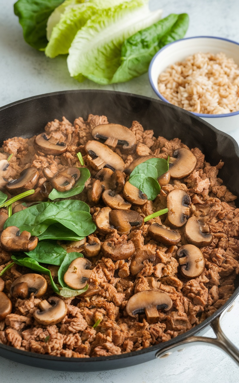 Ground turkey and mushroom skillet served in a colorful pan with spinach, ready for lettuce wraps, alongside a bowl of brown rice.