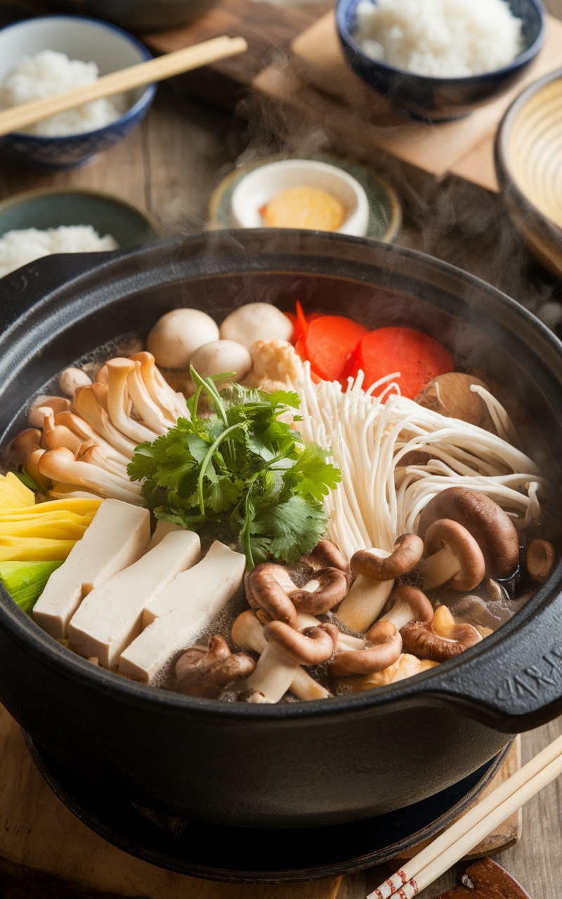 A delicious Japanese mushroom hot pot with shiitake, enoki, and shimeji mushrooms, tofu, and vegetables on a rustic table.