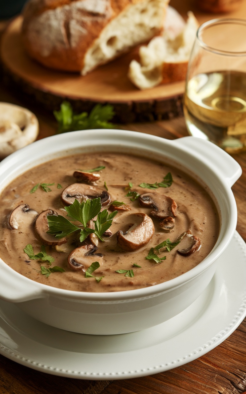 Creamy mushroom bisque in a bowl, garnished with parsley, with bread and wine on a rustic table.