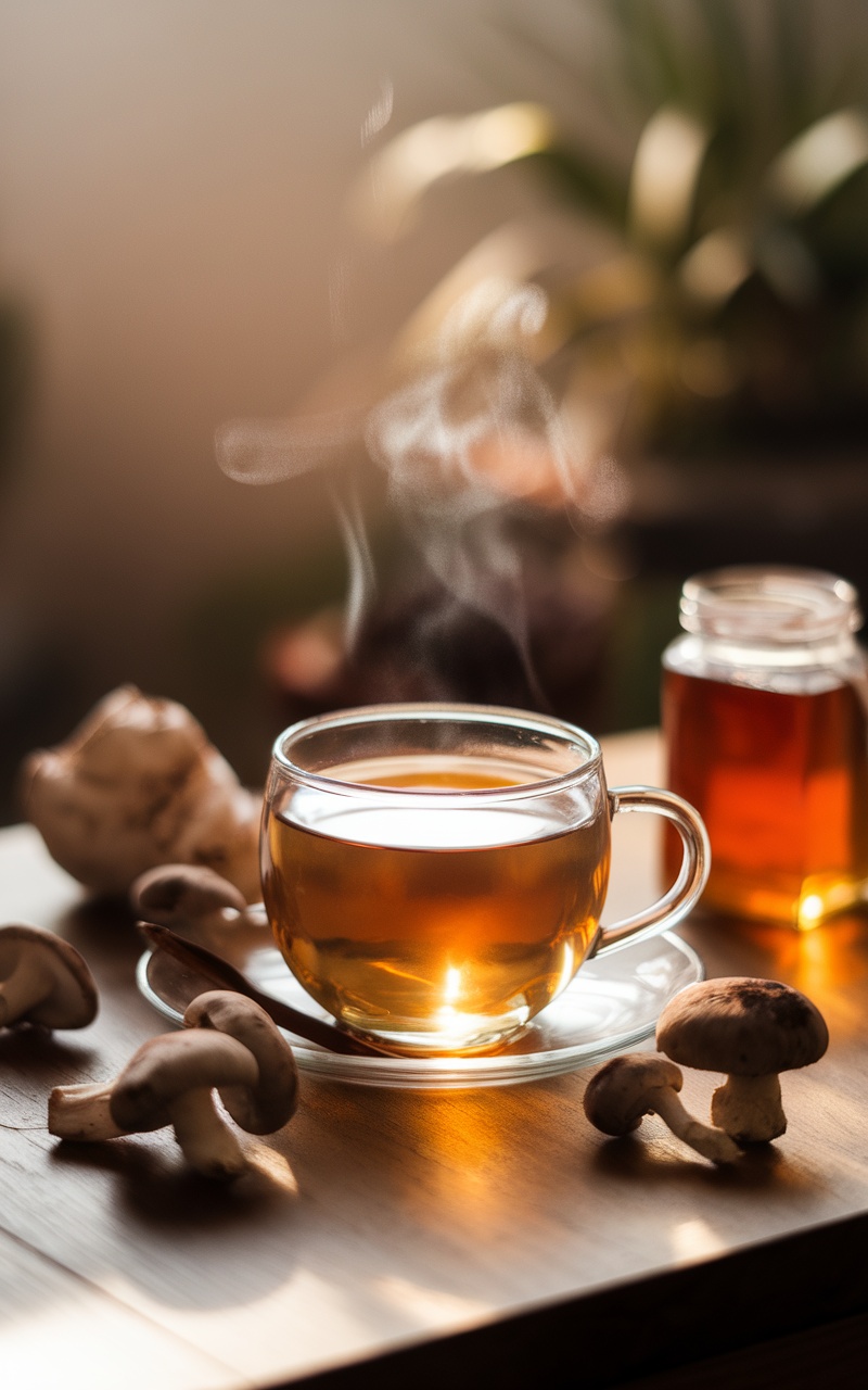 A cup of reishi mushroom tea with dried mushrooms and honey on a wooden table.
