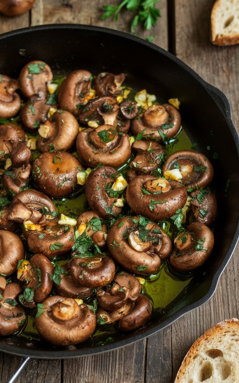 Sautéed chestnut mushrooms with garlic and herbs in a skillet on a rustic table.