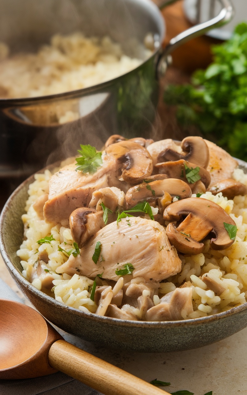 A bowl of chicken mushroom rice with mushrooms, chicken, and parsley, set in a rustic kitchen.