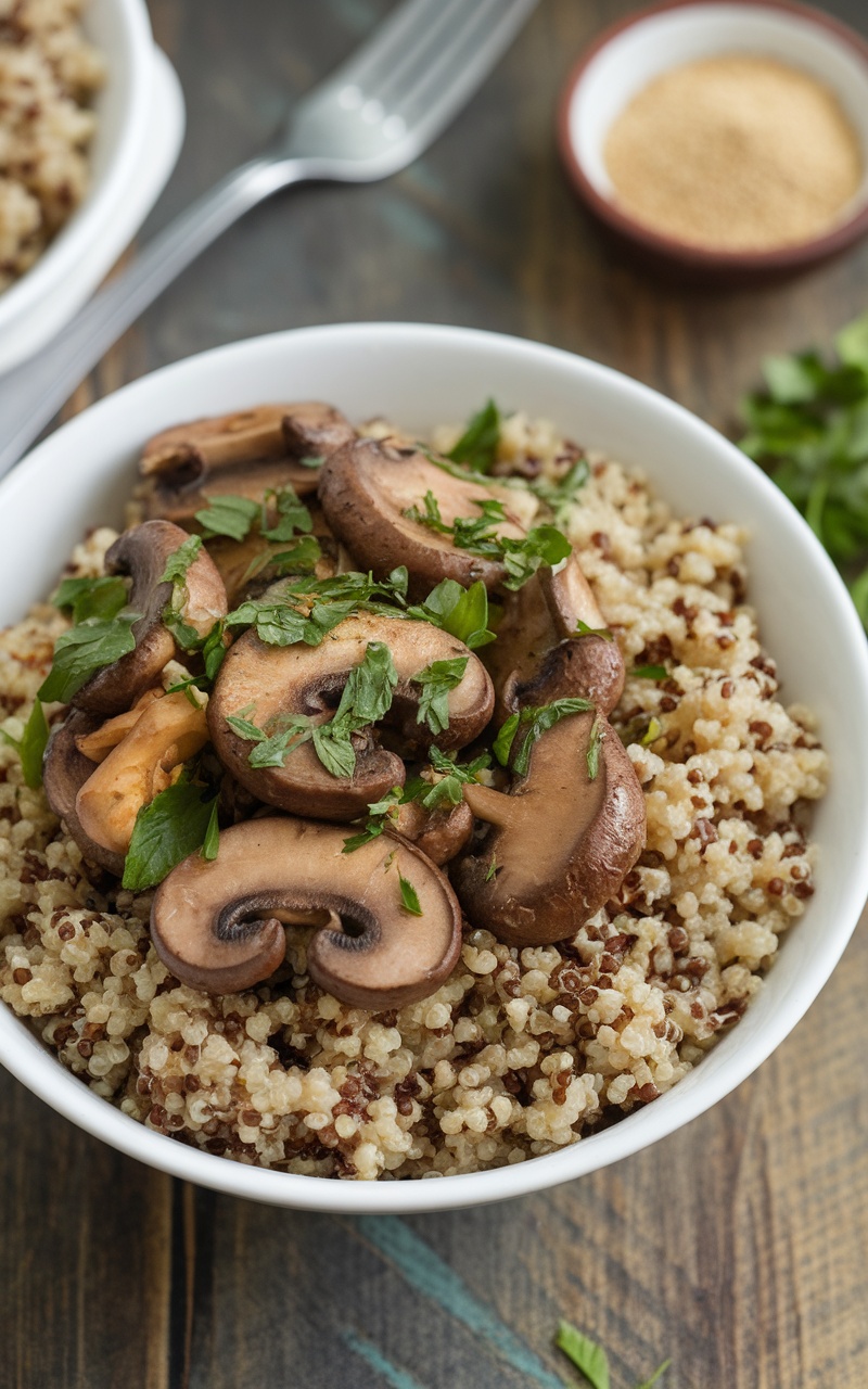 A nutritious quinoa mushroom bowl with sautéed mushrooms and herbs, garnished with parsley on a rustic table.