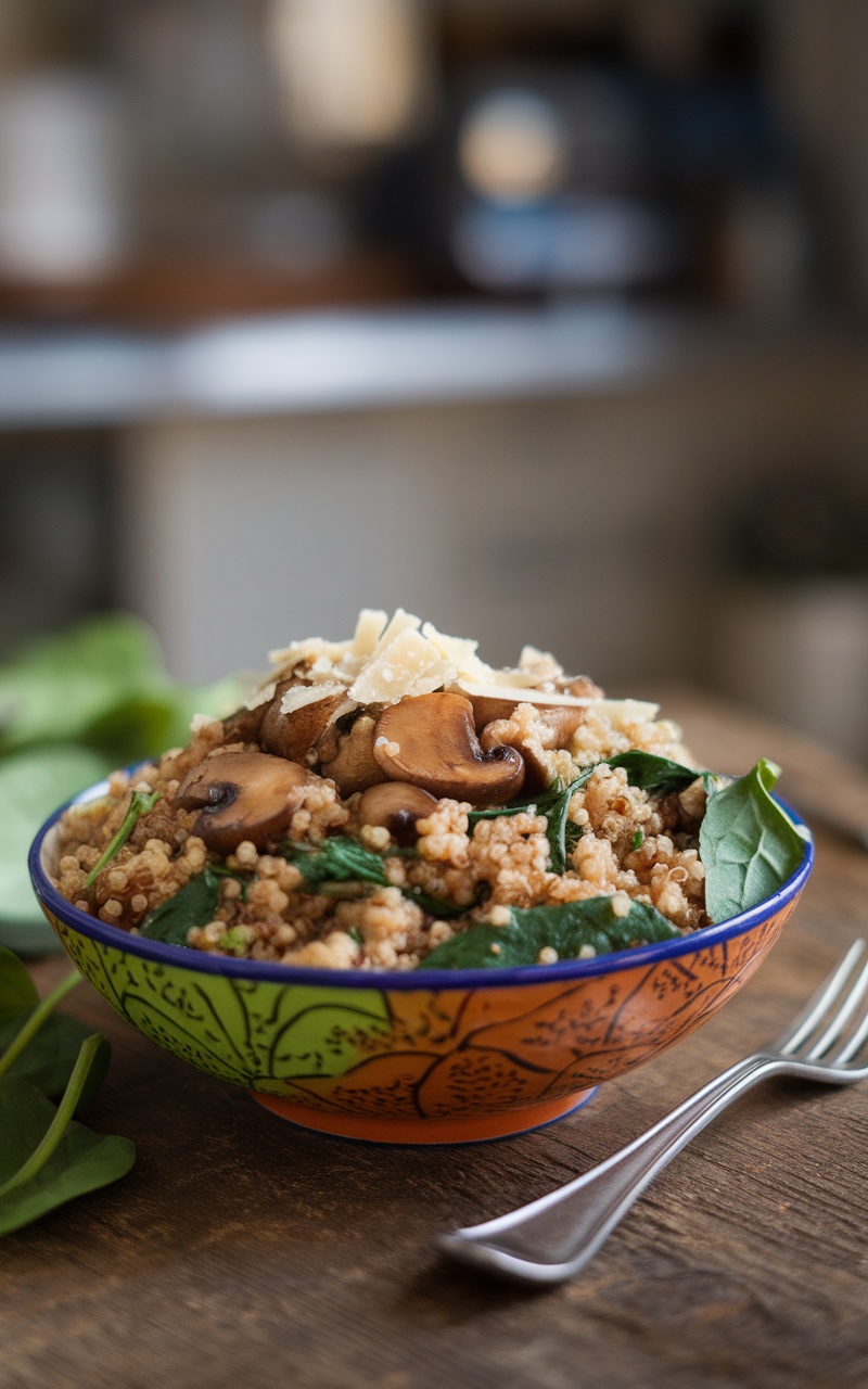 A colorful bowl of quinoa with sautéed mushrooms and spinach, topped with Parmesan cheese on a wooden table.