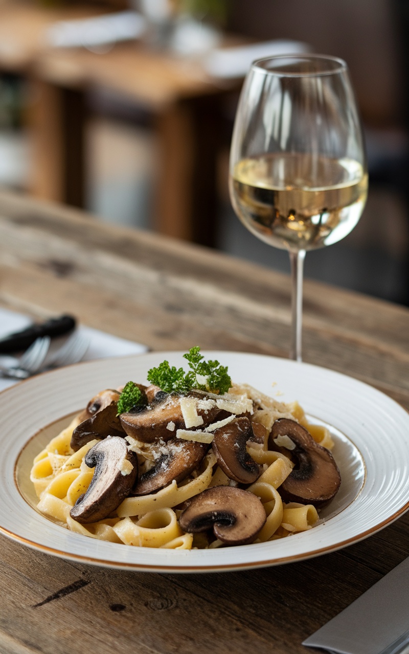 Delicious black trumpet mushroom pasta garnished with parsley and Parmesan.