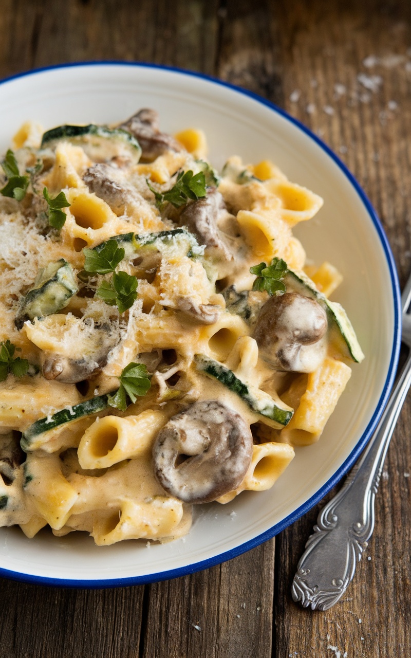 Creamy zucchini and mushroom pasta garnished with parsley and Parmesan cheese on a rustic table.