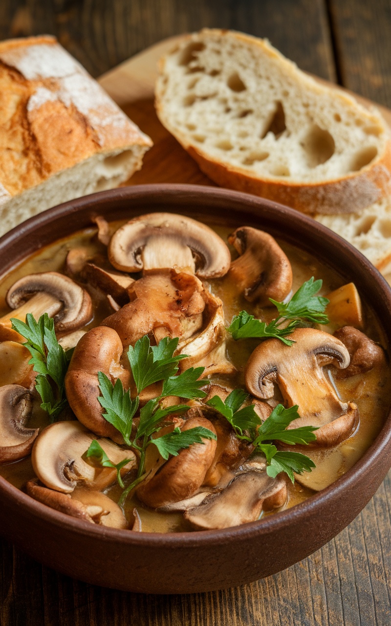 A hearty bowl of mushroom stew with sliced mushrooms and parsley, served with crusty bread on a rustic table.
