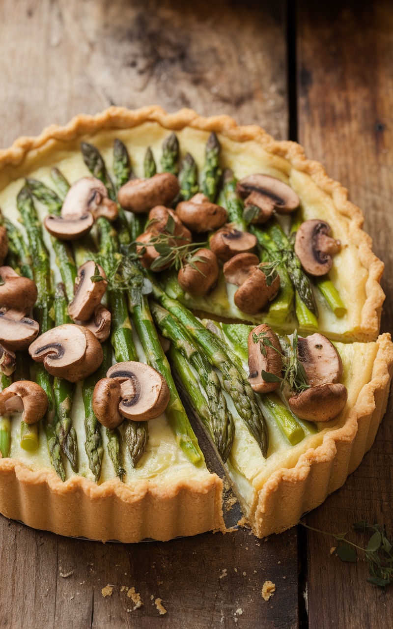 Savory tart filled with asparagus and mushrooms on a wooden table.