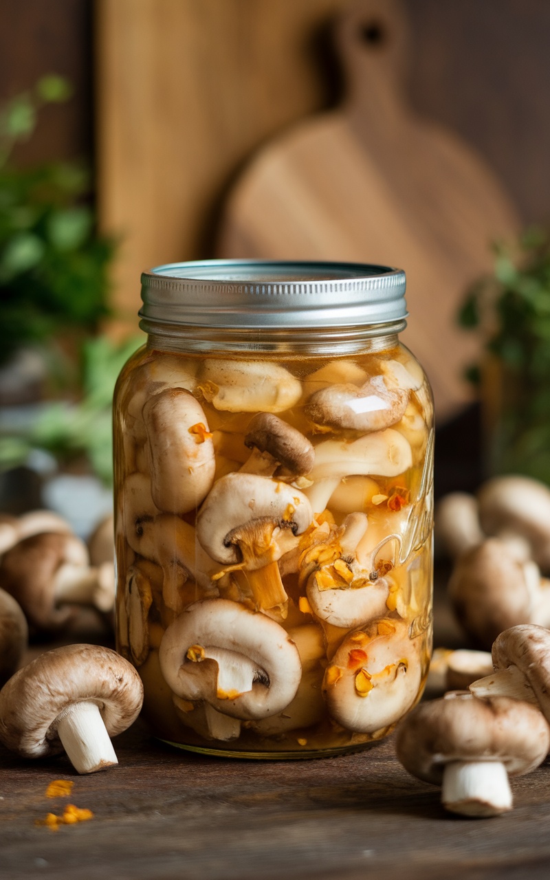 A jar of pickled mushrooms with garlic and spices on a wooden table.