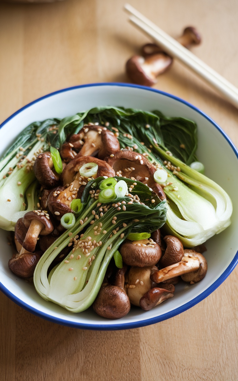 Bok choy mushroom stir fry in a bowl, garnished with sesame seeds and green onions.