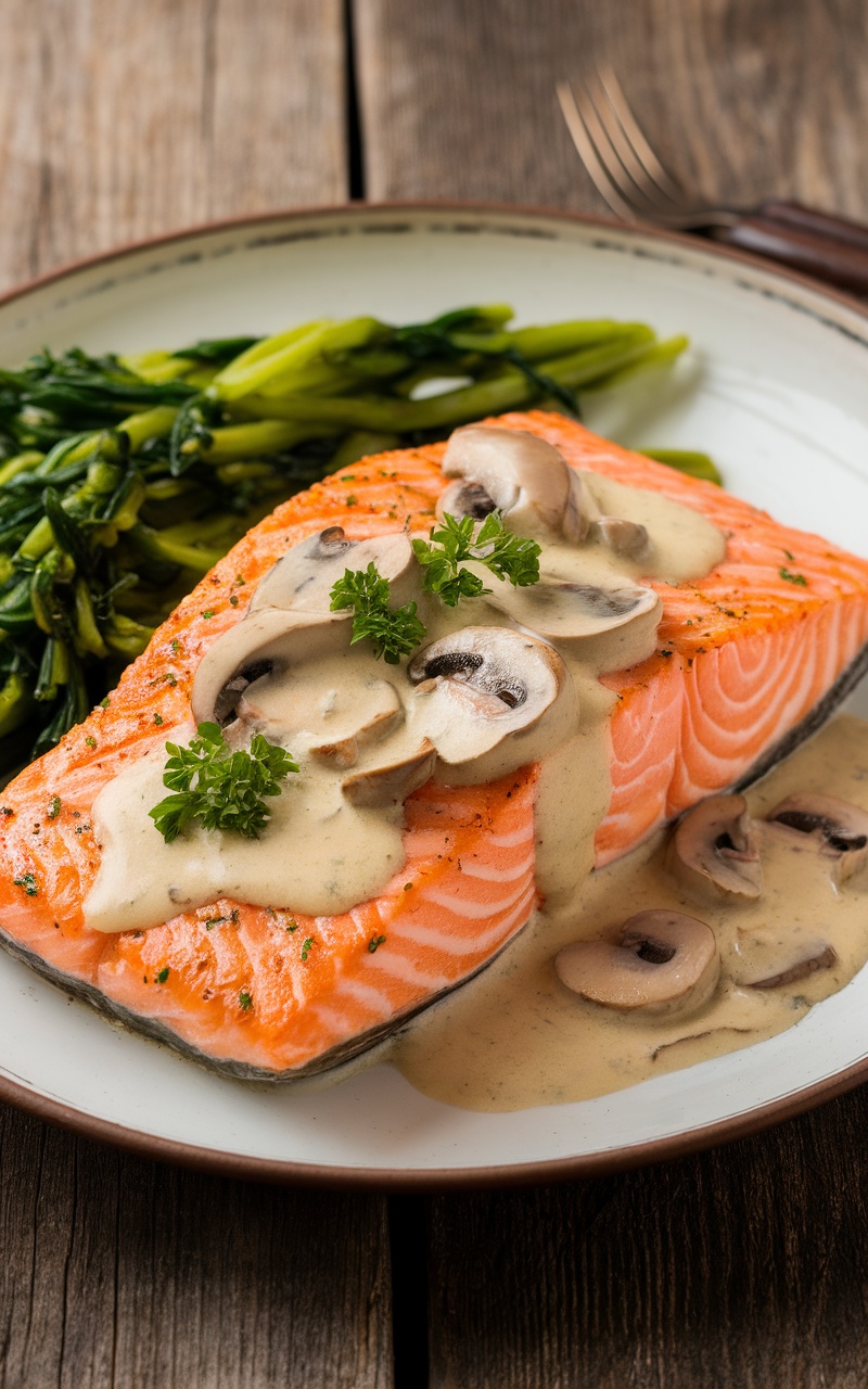 Pan-seared salmon fillet with creamy garlic mushroom sauce and vegetables on a rustic table.