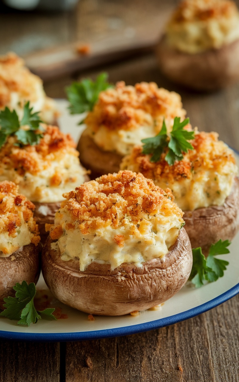 Delicious stuffed mushrooms with creamy filling and golden topping on a rustic plate.