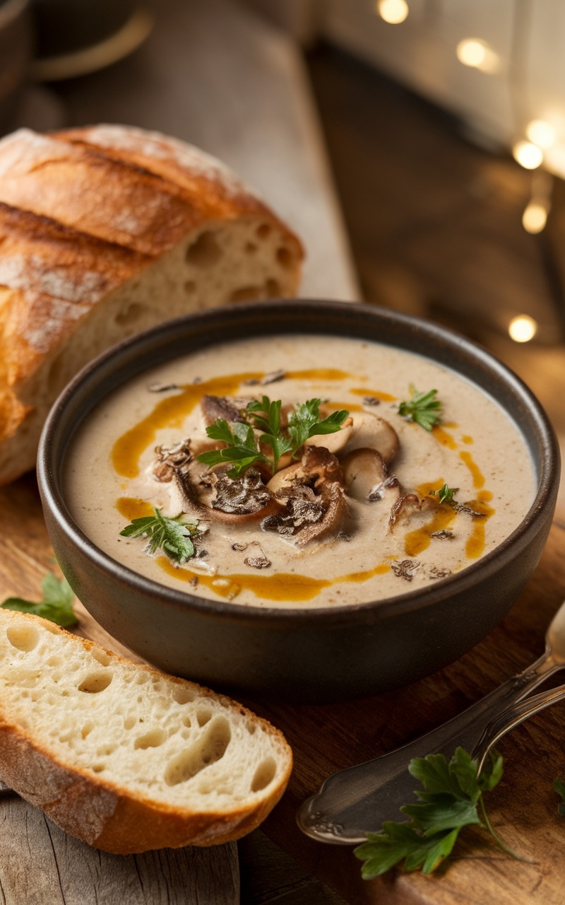 A bowl of rich mushroom bisque with parsley garnish and truffle oil, accompanied by crusty bread on a rustic table.