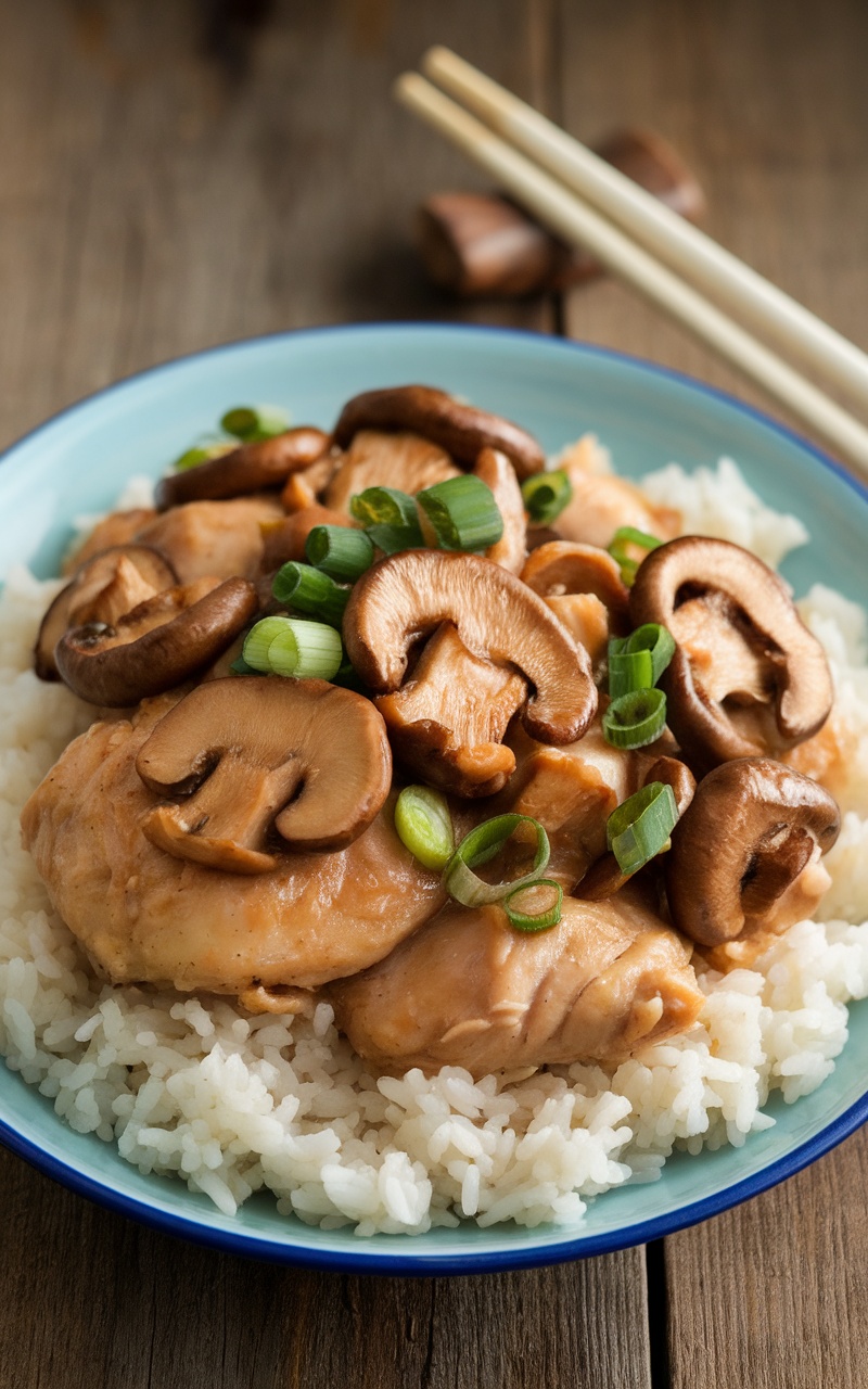 A delicious plate of Chinese chicken with mushrooms, garnished with green onions, served with rice.
