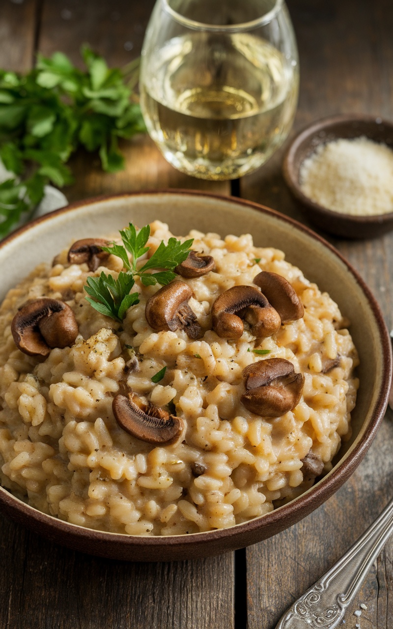 Creamy chestnut mushroom risotto garnished with parsley on a rustic table with wine.